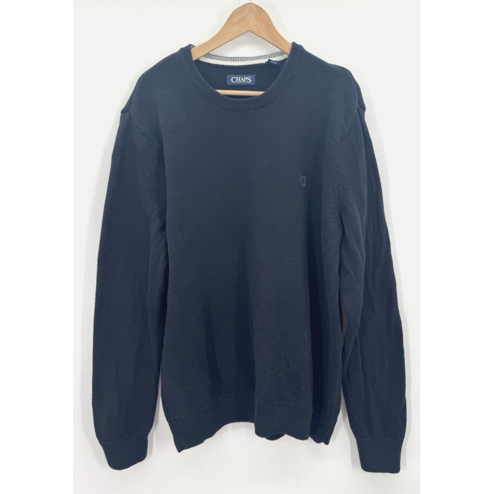 Chaps Men XL Crew Neck Sweater Black Chunky Knit Cotton Retro Fisherman Preppy